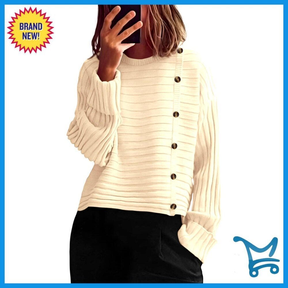 Loose Knit Pullover Sweater, Long Sleeve Crewneck with Buttons, Women's Winter
